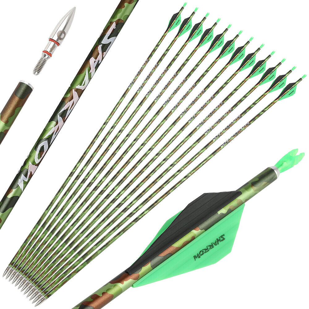 12pcs 30Inch Carbon Arrows SP340 Archery Compoundbow RecurveBow Hunting Arrows Camo
